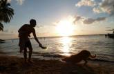 Brincando com o cachorro do Chris em praia de Tobacco Caye, na grande barreira de corais de Belize